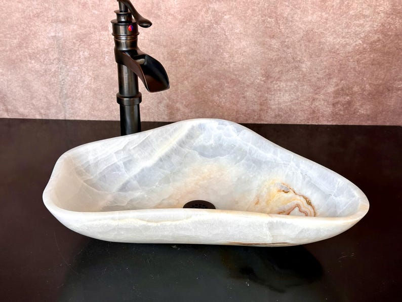 Thumbnail: Natural Onyx Bathroom Washbasin, Hand carved Vessel Sink Sculpted to perfection