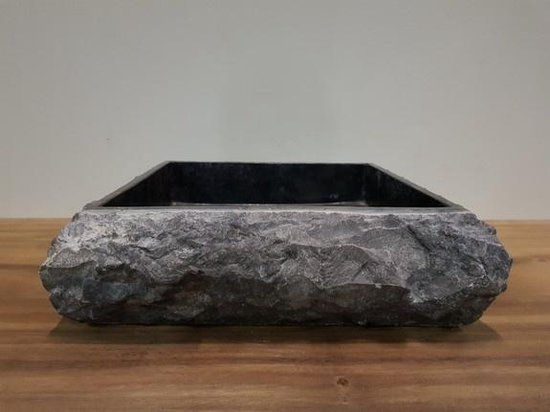 Thumbnail: Chieseled Black Stone Bathroom Washbasin Sink, Stone Hammered Square Sink