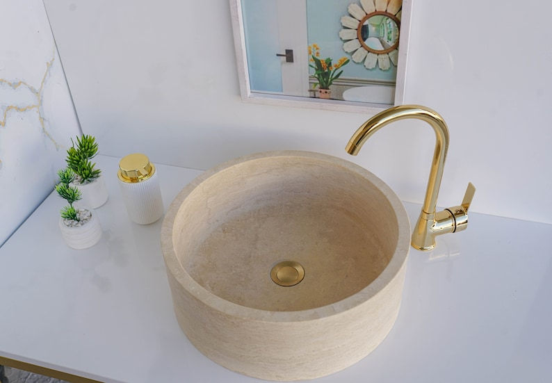 Thumbnail: Travertine Marble Counter Top Round Sink Vessel, Wash Basin, Marble Sink