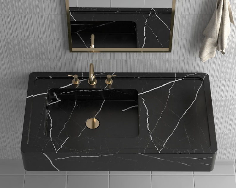 थंबनेल: Nero Marquina Marble Washbasin, Luxury Bathroom Sink, Designer Marble Washbasins