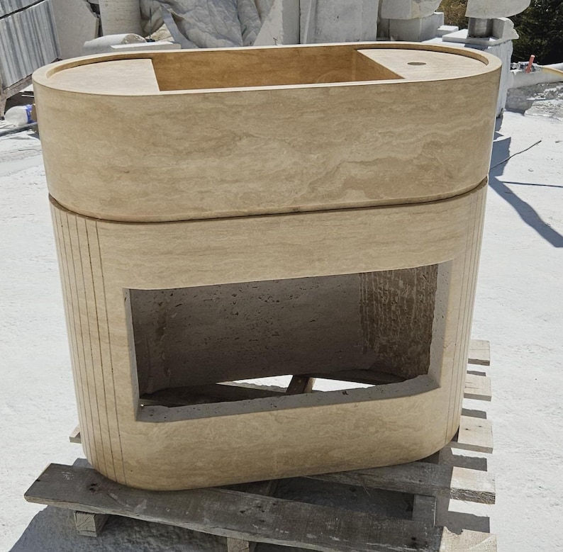 Thumbnail: Fluted Design Travertine Pedestal Sink, Stone Pedestal Wahsbasin