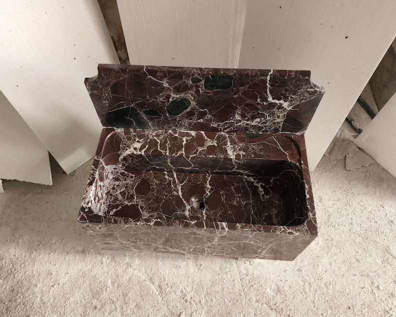 थंबनेल: Italian  Marble Rosso Levento Wall Mount Bathroom Sink With Backsplash 