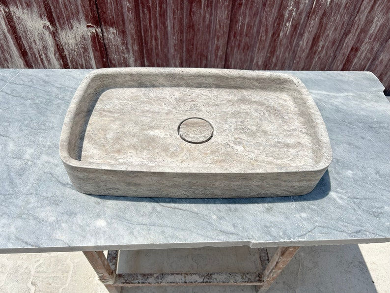 थंबनेल: Italian Silver Travertine Countertop Washbasin Bathroom Sink, Marble Vessel Sink