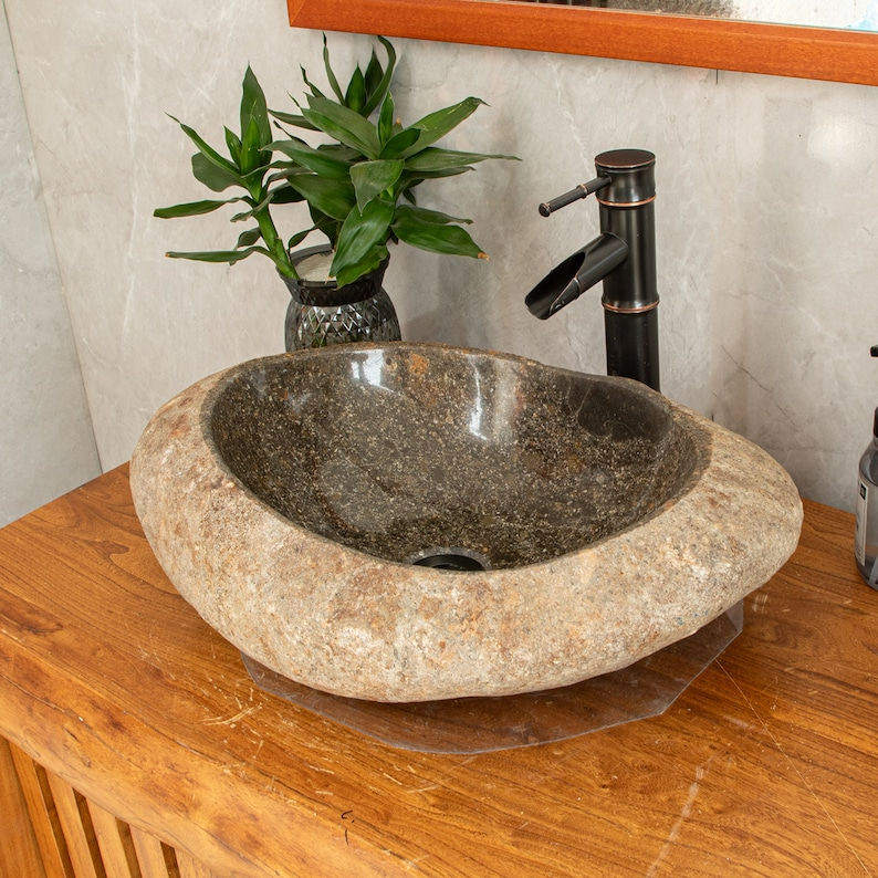 थंबनेल: River Stone Boulder Handcrafted Washbasin Sink For Bathroom Decor, Stone Sink