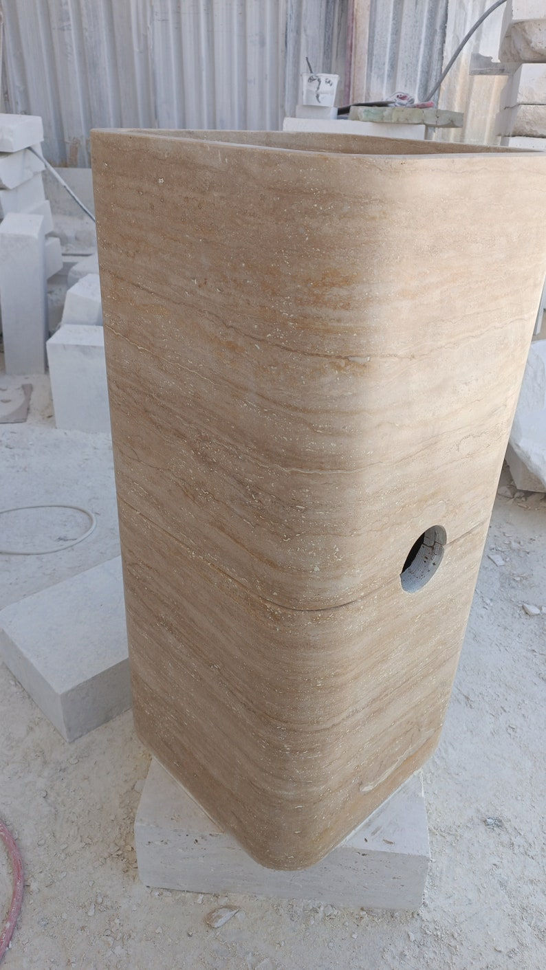 Thumbnail: Elegant Travertine Marble Pedestal Sink,Handmade Natural Stone Bathroom Vanity