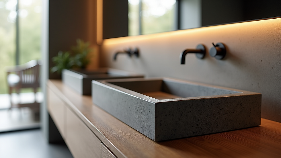 Close-up view of a sleek, rectangular stone bathroom sink on a wooden countertop