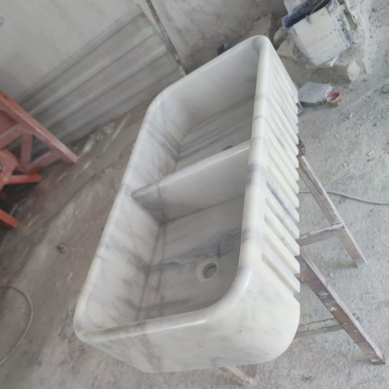 Thumbnail: Farmhouse Sink, Fluted Marble Apron Sink, Double Sink Washbasin