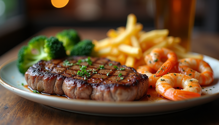 Eye-level view of a New York steak and prawns dinner plate with broccoli and fries