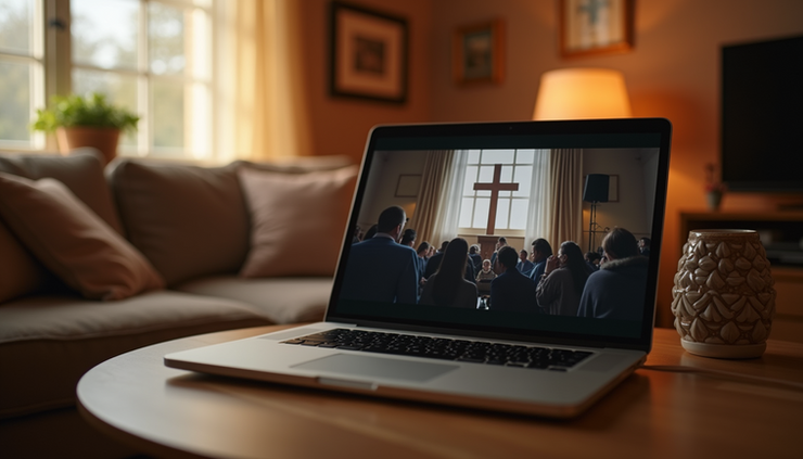 Eye-level view of a cozy living room with a laptop streaming church service