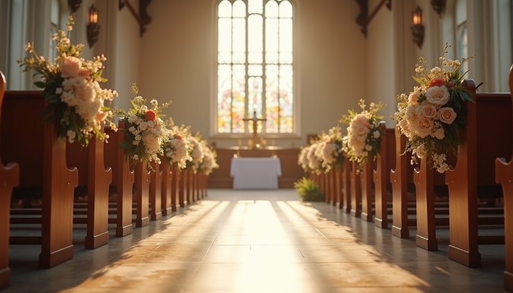 Eye-level view of a church interior decorated for a wedding ceremony