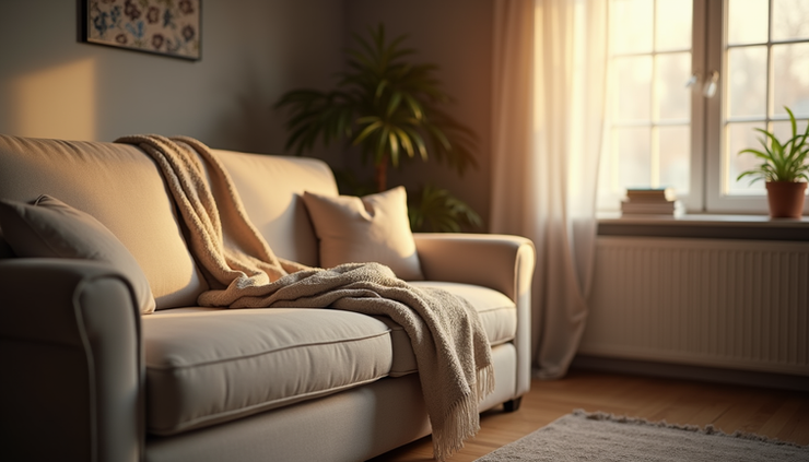 Eye-level view of a cozy living room with a couch and a blanket