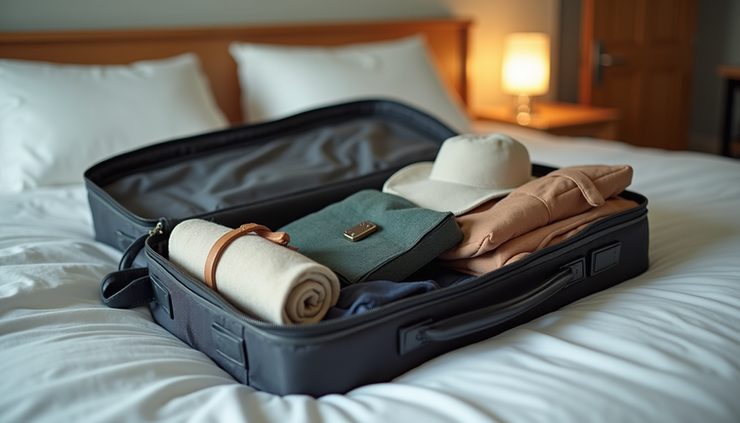 Eye-level view of a packed travel bag on a bed with travel essentials