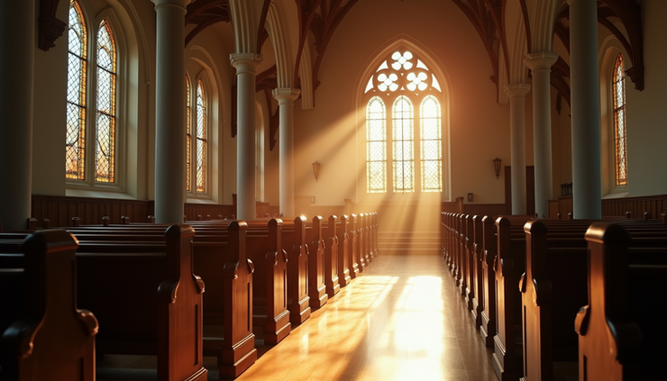 Eye-level view of a quiet church sanctuary with sunlight streaming through stained glass windows