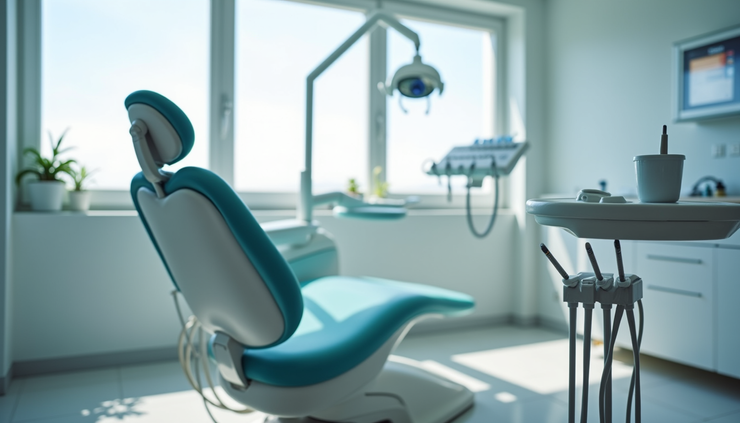 Eye-level view of a dental chair with clean instruments ready for a procedure