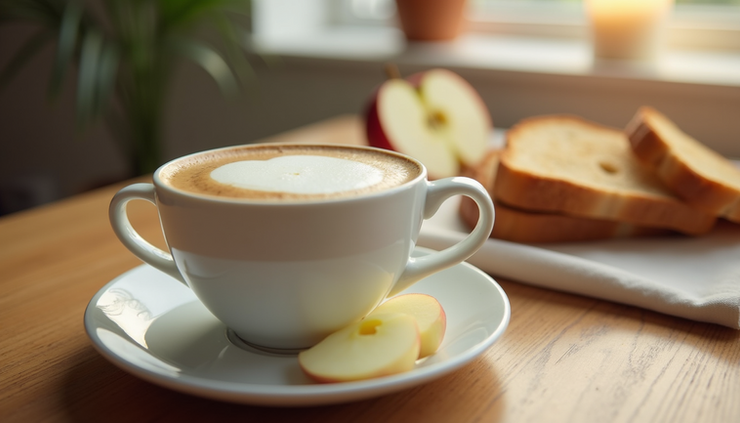 Close-up view of a coffee cup and a simple meal on a kitchen table