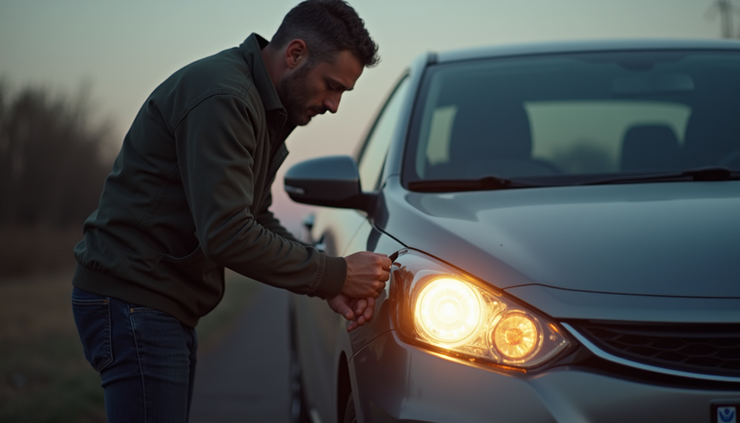 Close-up view of a car headlight being repaired outdoors