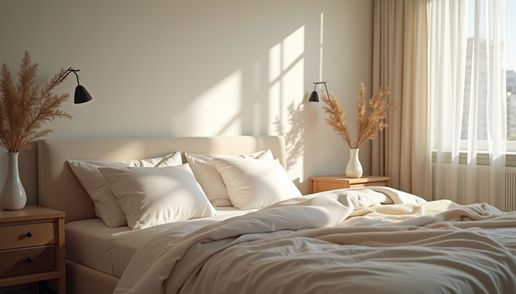 Eye-level view of a cozy bed with clean sheets and a soft blanket