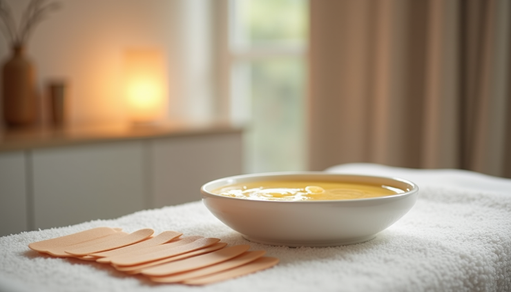 Eye-level view of a waxing salon setup with waxing strips and warm wax pot