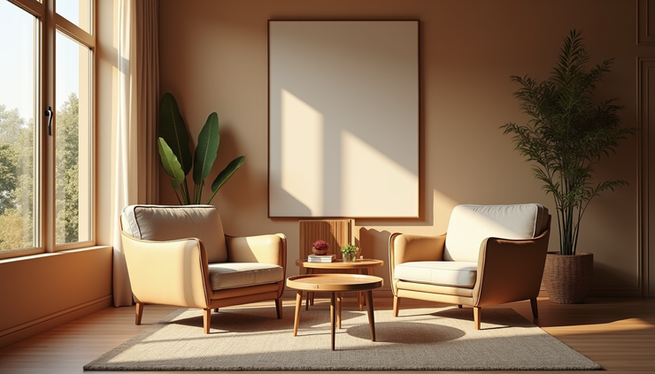 Wide angle view of a cozy living room with warm lighting and comfortable seating