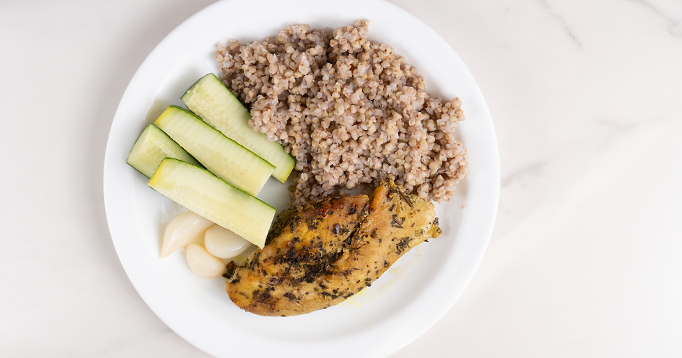 Candida-friendly buckwheat recipe with organic chicken, fresh cucumbers, and fermented garlic