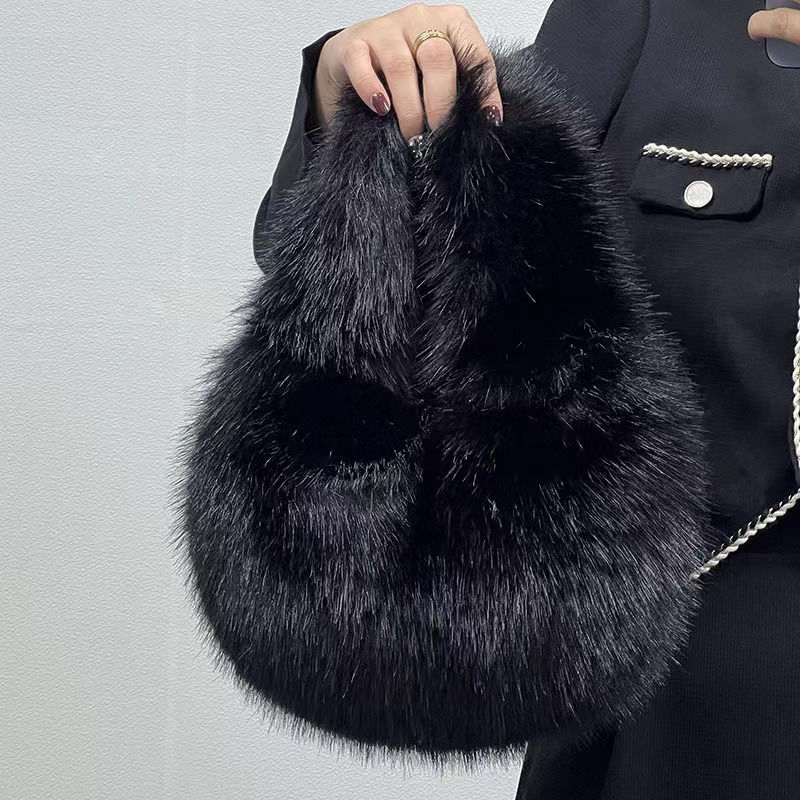 Fashion Soft Plush Half Moon Bags for Women Designer Fluffy Faux Fur Lady Handba