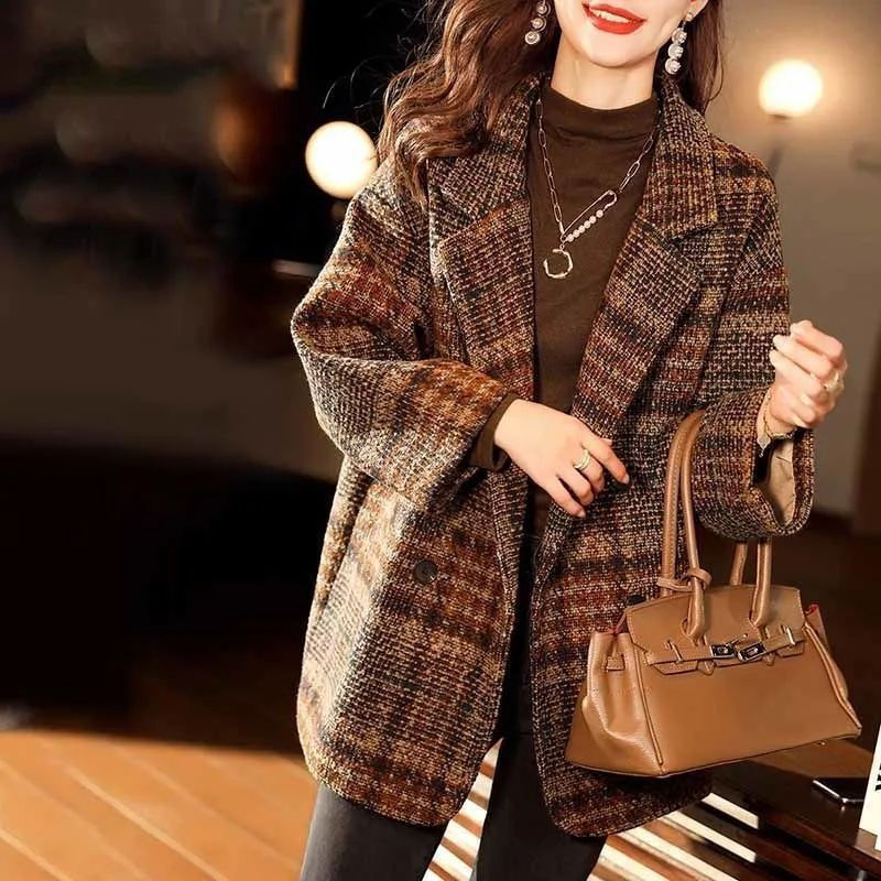 New Women Clothing Korean Woolen Coat Spring Autumn Plaid Windproof Coat High-en