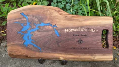 Handcrafted Horseshoe Lake in live edge walnut
