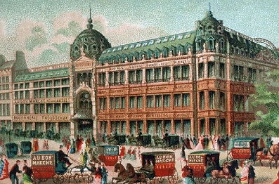 La façade du Bon Marché à la fin du XIXème siècle. Estampe colorisée