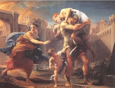 Pompeo Batoni, Énée s’enfuit de Troie, vers 1750. Huile sur toile, 76,7 x 97. Galleria Sabauda, Turin