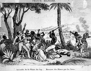 Marcel Pierre Martinet, « Incendie de la plaine du Cap, massacre de Blancs », une révolte à Saint-Domingue. Gravure, vers 1833