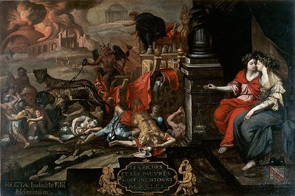 Jean-Bernard Chalette, La révolte du papier timbré, autre nom du soulèvement des Bonnets rouges (allégorie : face à la Justice et la Paix) , 1676. Huile sur toile, 150 x 105. Musée des Beaux-Arts, Rennes
