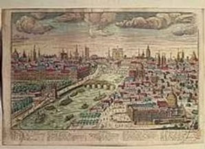 Vue générale de Paris au XVIIème siècle, XVII-XVIIIème siècles. Gravure colorée, 46,6 x 46,6. BnF