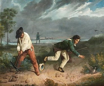 École française du XIXème siècle, Cantonnier et chasseurs. Huile sur carton marouflé sur contreplaqué, 79,5 x 95. Collection privée