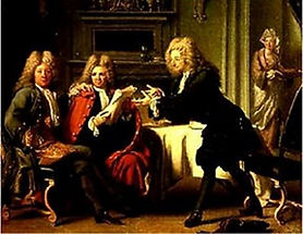 Jacques Autreau, Madame de Tencin servant le chocolat à de Fontenelle, Houdar de la Motte et Saurin, 1716. Huile sur toile, 72 x 90,5. Collection privée
