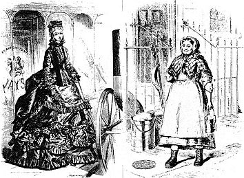 Une servante et sa patronne. Gravure anglaise, vers 1871