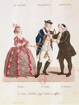 Acte III : costumes de Rosine, du Comte et de Bartholo, en 1775