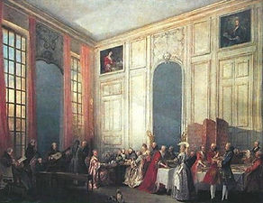 Michel Barthélémy Ollivier. Le Thé à l'anglaise servi dans les salons des Quatre-Glaces au palais du Temple à Paris, 1764. Huile sur toile, 530 x 680. Musée du château de Versailles