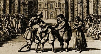 Les spectateurs sur scène. Gravure de J. Lepautre, XVII° siècle