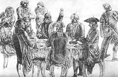 Jean Huber, Le Souper des philosophes, XVIIIème siècle. Eau-forte, 25 x 34. BnF