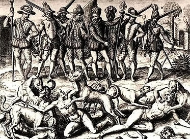 Théodore de Bry, « Indiens jetés aux chiens », 1597. Illustration de l’œuvre de Las Casas