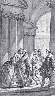 Les salutations mondaines, 1751. Gravure en frontispice de Génie, pièce de Françoise de Graffigny