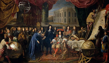 H. Testelin, Colbert présente à Louis XIV les membres de l'Académie royale des sciences créée en 1667, vers 1670. Huile sur toile, 348 x 590. Châteaux de Versailles et de Trianon