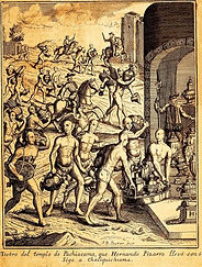Antonio de Herrera y Tordesillas, Pizarro supervise l’enlèvement du trésor du temple de Pachacamac, 1601-1615. Gravure in Decadas