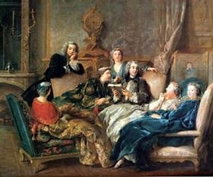 Jean-François de Troy, La Lecture de Molière dans un salon, 1728. Huile sur toile, 74 x 93. Collection particulière