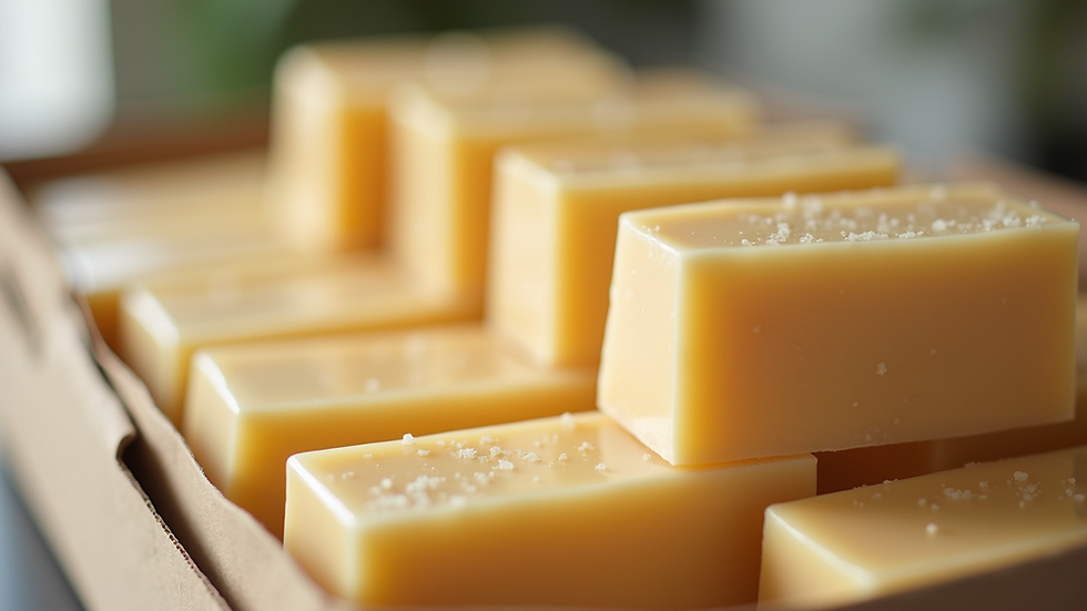Close-up view of stacked soap bars in a bulk package