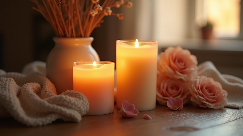 Close-up of a scented candle with soothing colors