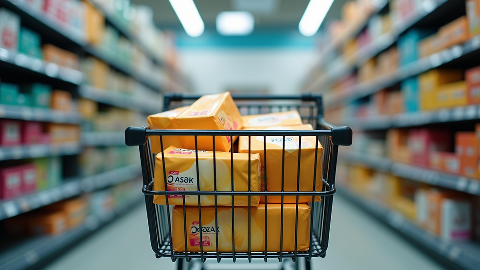 Eye-level view of a shopping cart filled with bulk soap packages
