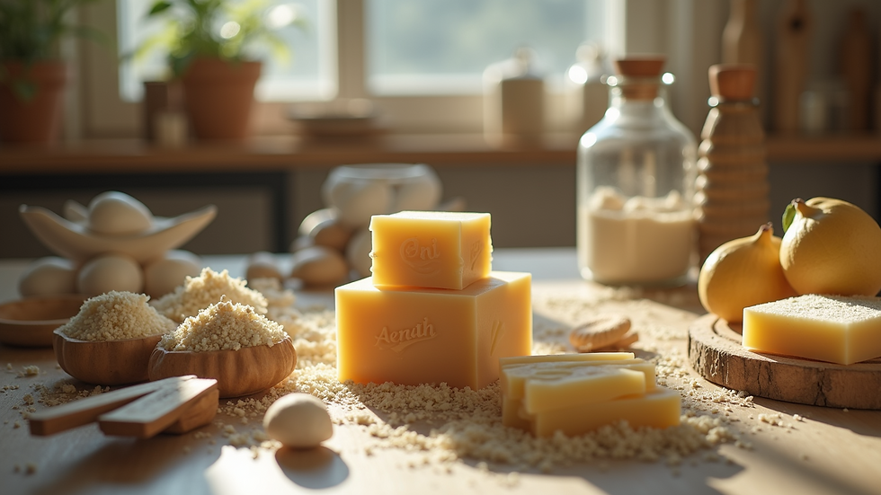 Eye-level view of a soap-making workshop with natural ingredients and tools
