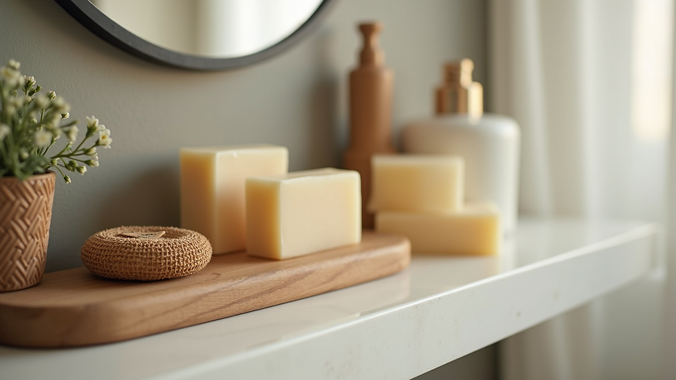 High angle view of a bathroom shelf with handmade soap bars and natural bath accessories