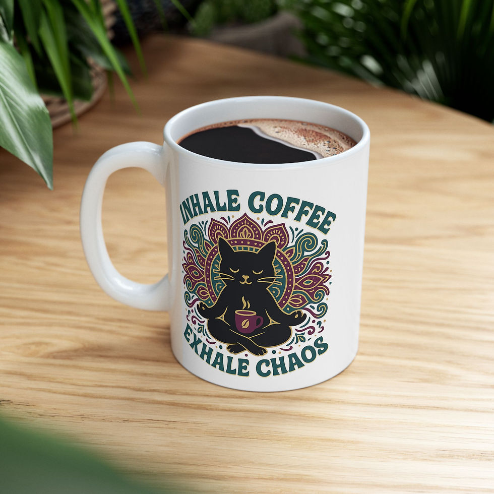 Inhale Coffee Exhale Chaos Mug, Black Cat Yoga Mug